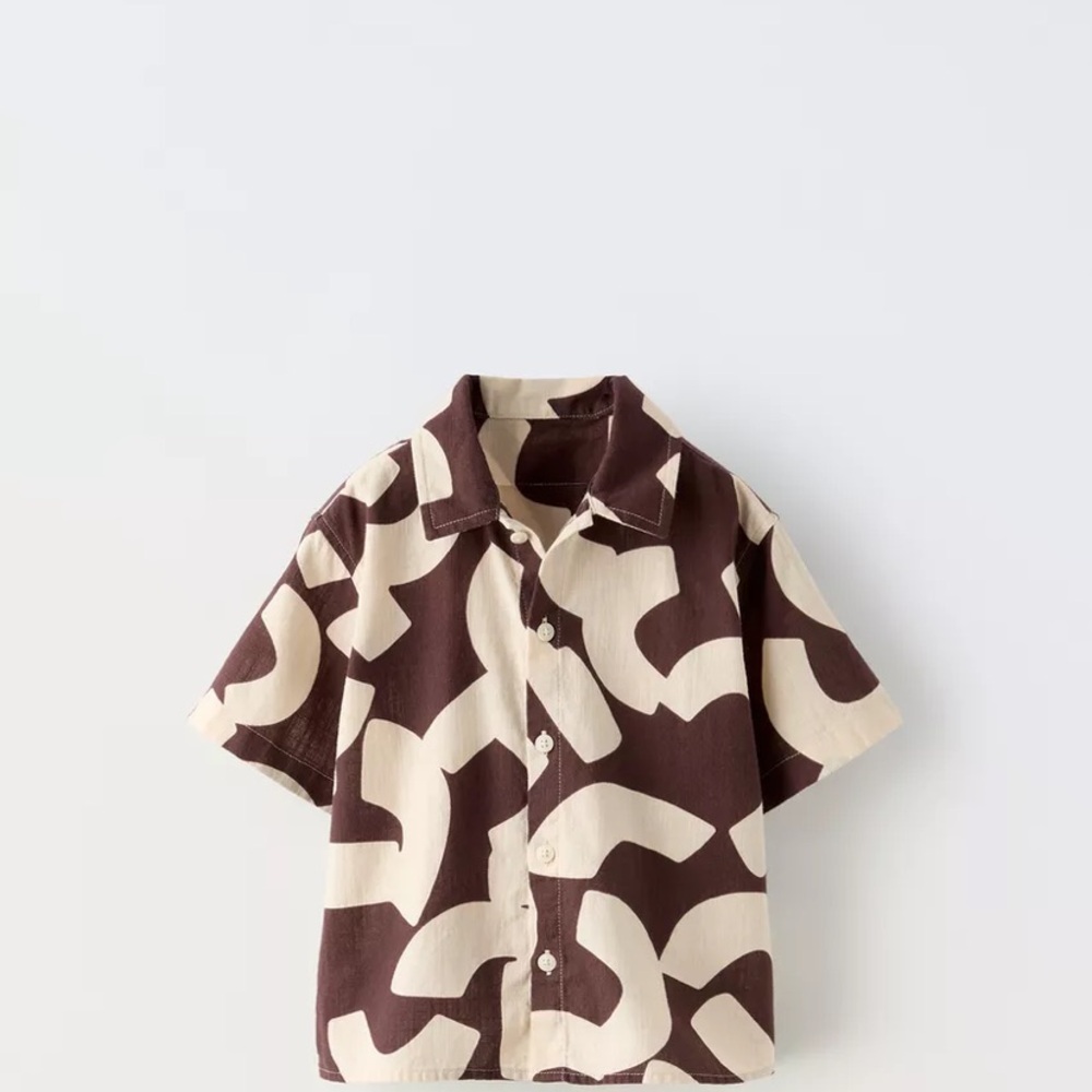 ZARA Kid’s Brown and Cream Patterned Cotton Button Down Shirt Size 5T